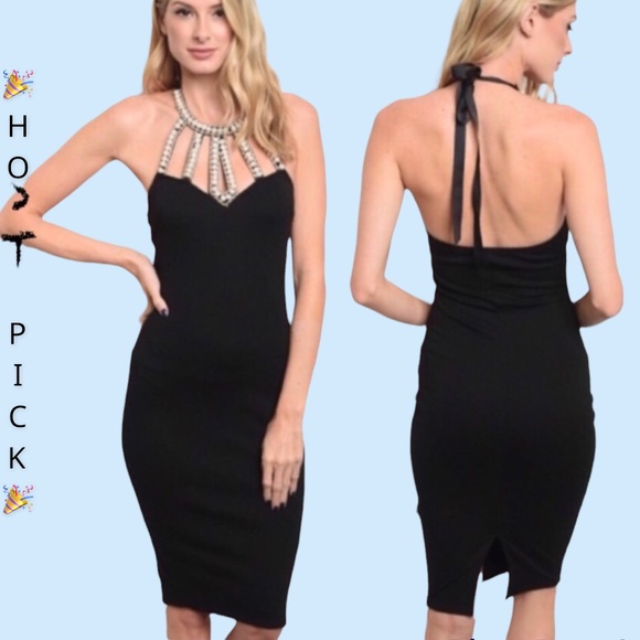 Dresses & Skirts - BLACK PEARL DETAIL HALTER MIDI DRESS